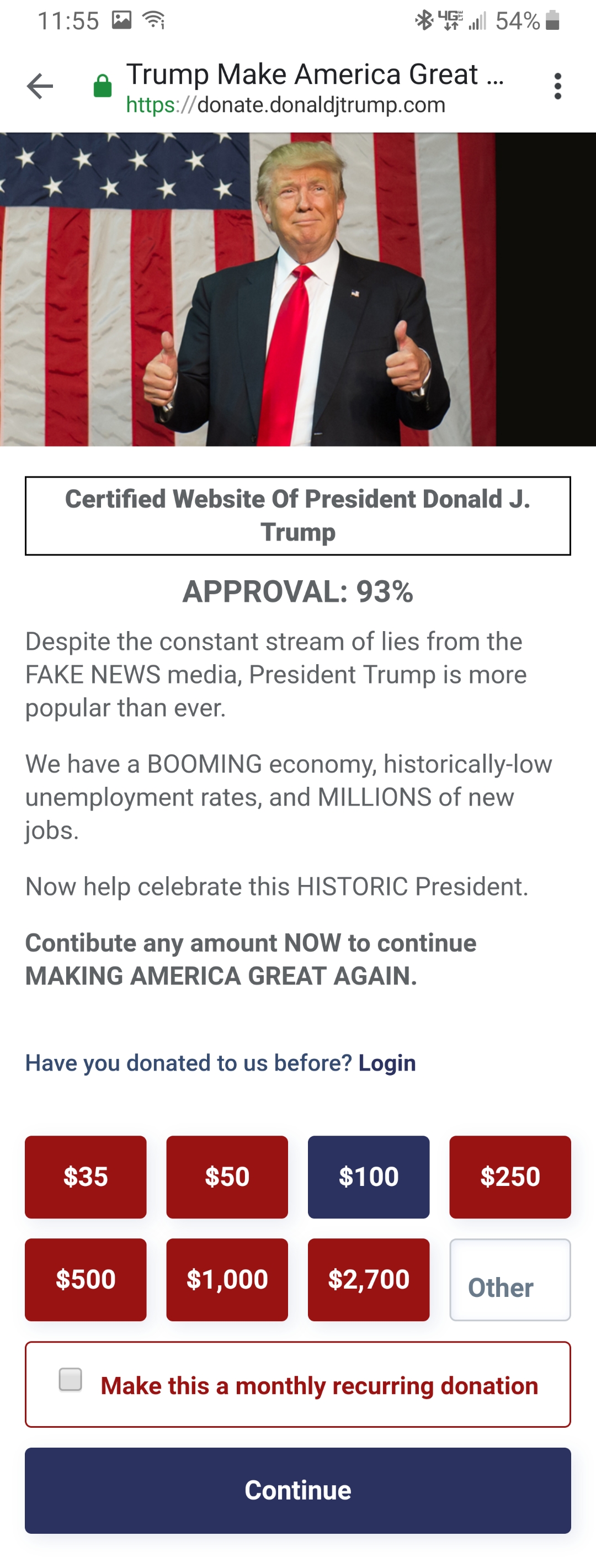 Internet survey showing 93% approval of Trump